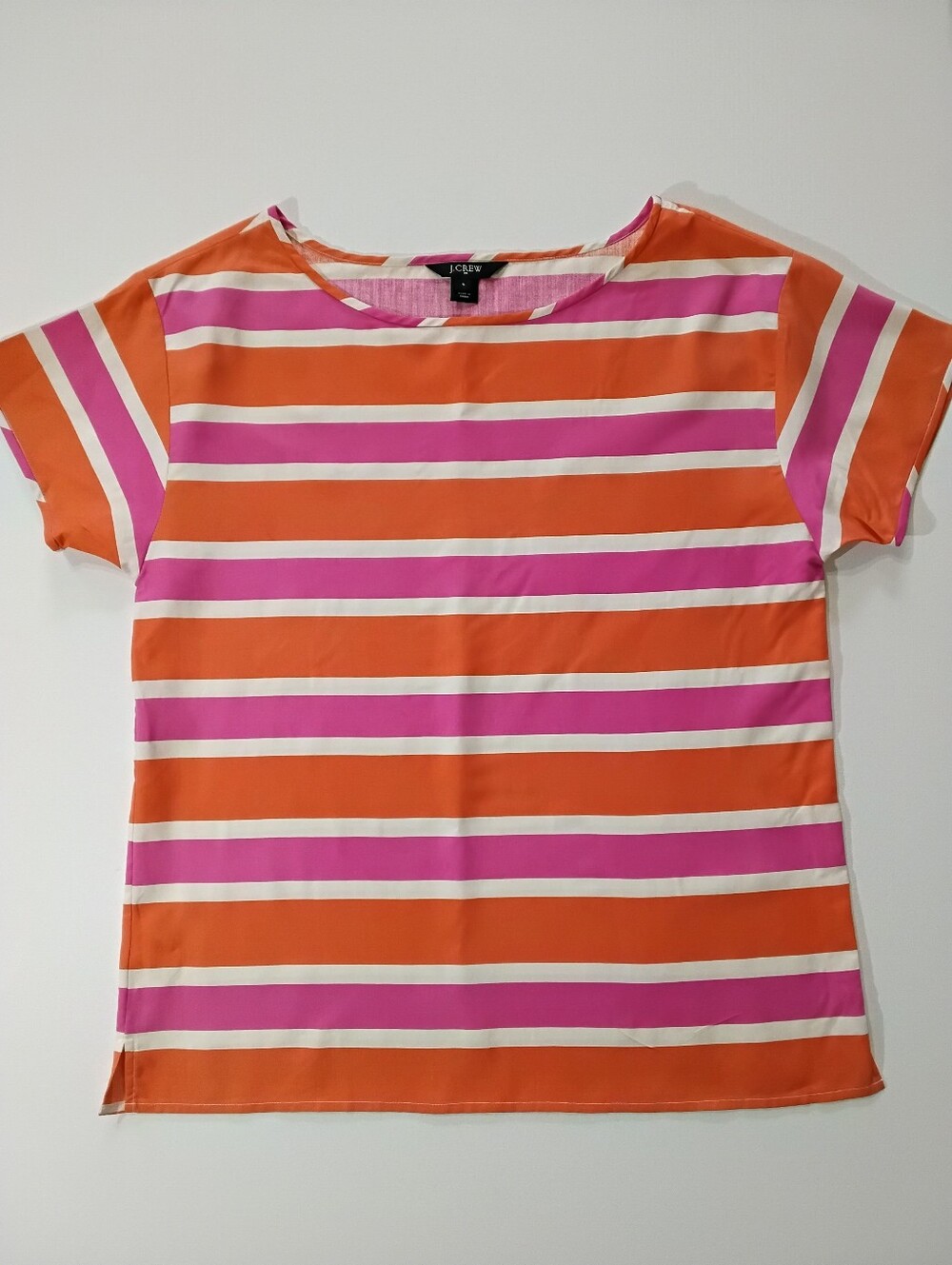 J.Crew 100% Silk Top Womens Small Orange Pink White Colorblock Preppy Resortwear